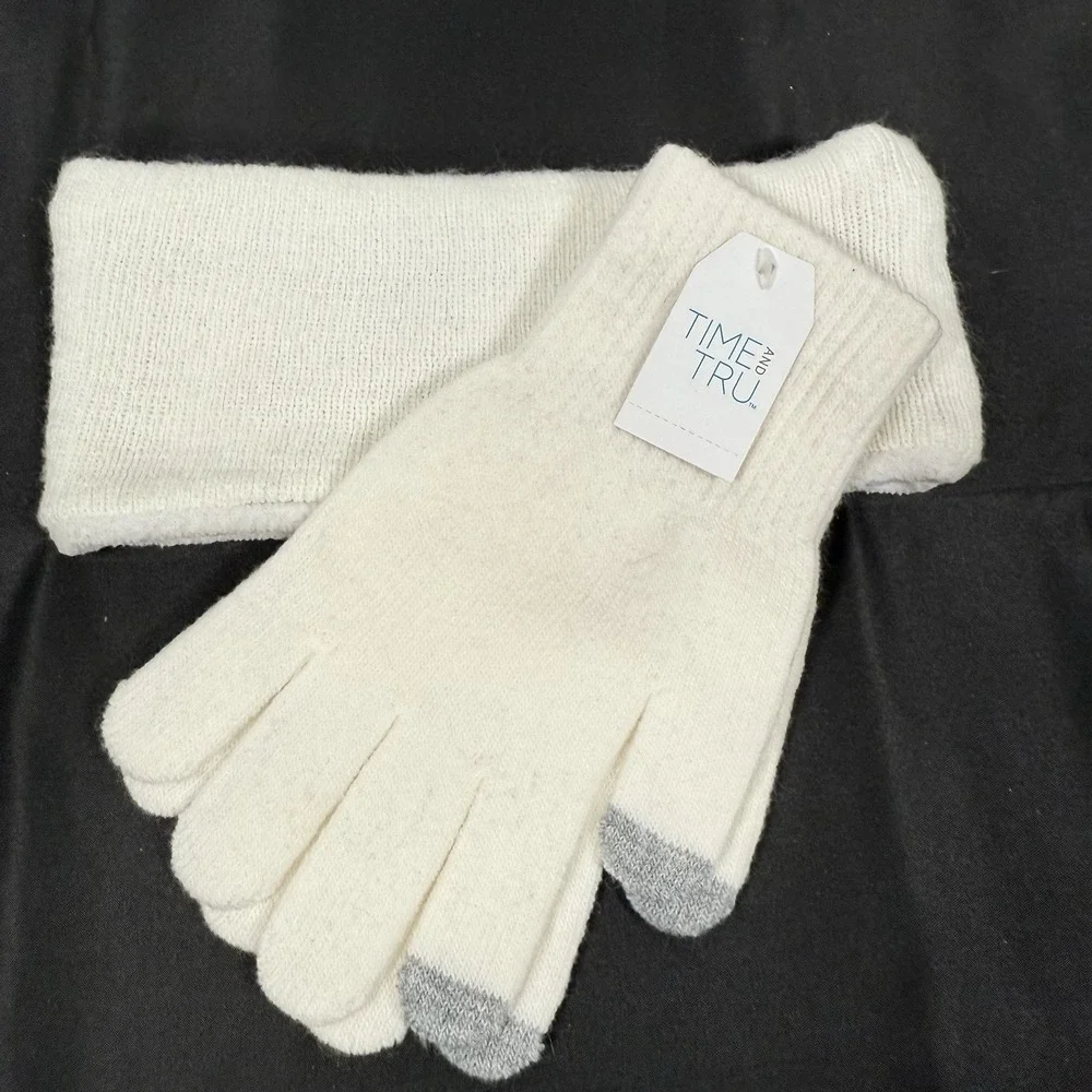 Time and Tru Headband and Glove Set Womens One Size Cream Touchscreen Knit